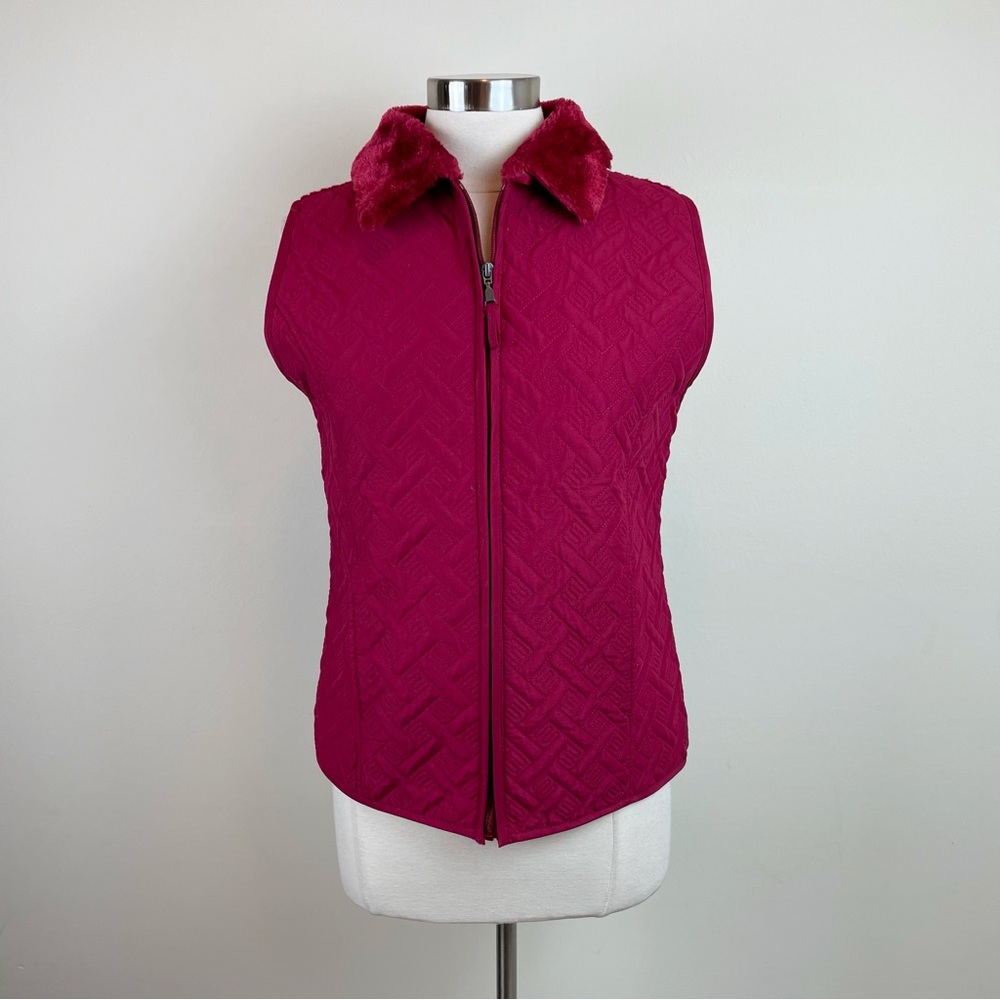 Effeci Solid Red Fuzzy Faux Fur Collared Sweater Vest Full Zip Women Large